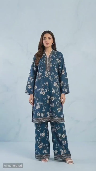 Teal Floral Printed Khaddar 2-Piece Suit | Winter Pret Collection